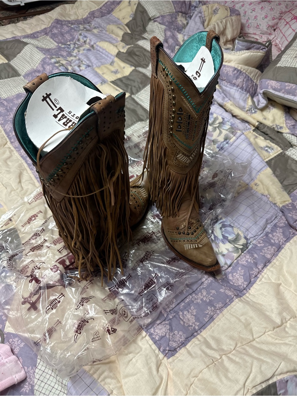 Corral Brown Leather Fringe Cowboy Boots with Turquoise Accents - Picture 7 of 10